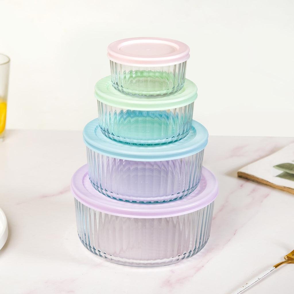 Set Of 4 Round Fluted Glass Food Storage Container With Lid S 230ml M 460ml L 950ml XL 1650ml