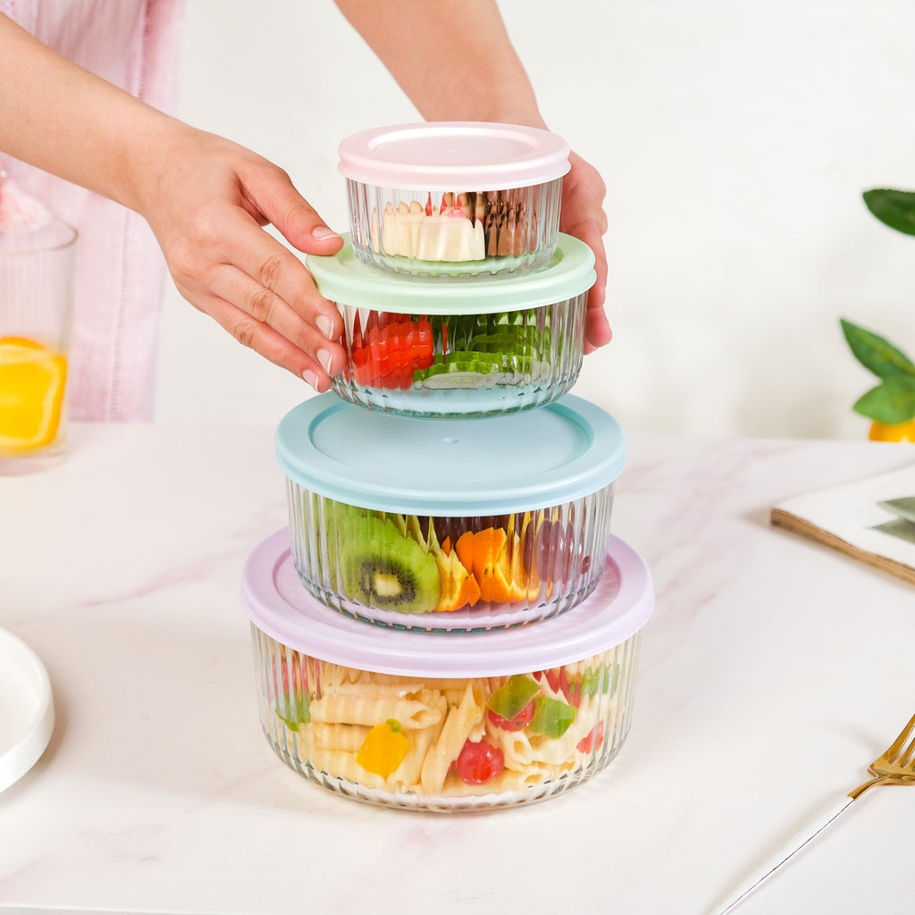 Set Of 4 Round Fluted Glass Food Storage Container With Lid S 230ml M 460ml L 950ml XL 1650ml