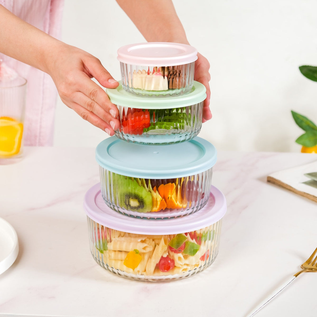 Set Of 4 Round Fluted Glass Food Storage Container With Lid S 230ml M 460ml L 950ml XL 1650ml
