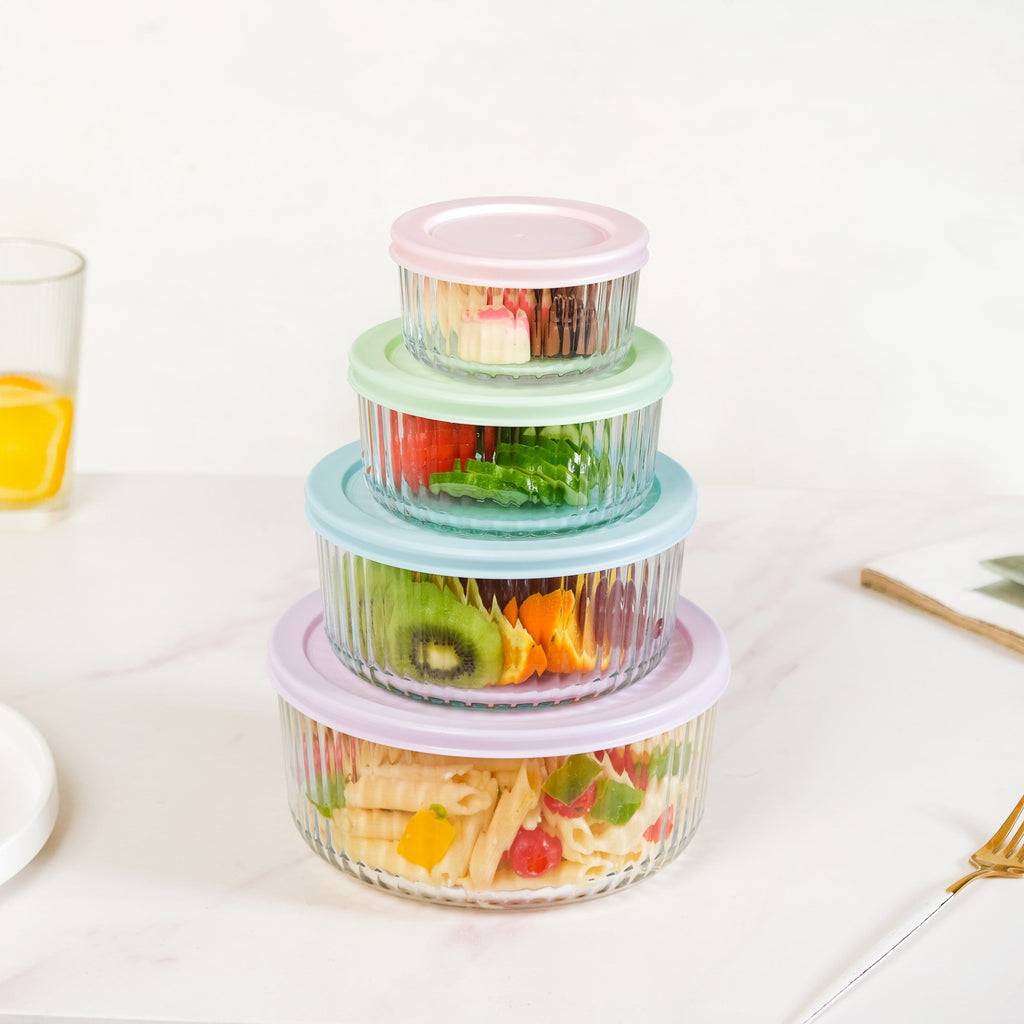 Set Of 4 Round Fluted Glass Food Storage Container With Lid S 230ml M 460ml L 950ml XL 1650ml