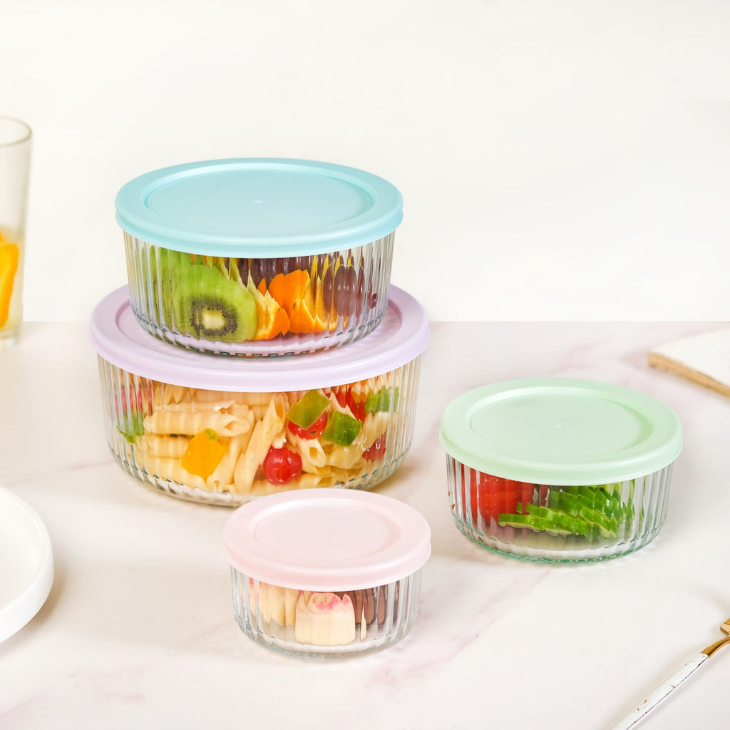 Set Of 4 Round Fluted Glass Food Storage Container With Lid S 230ml M 460ml L 950ml XL 1650ml