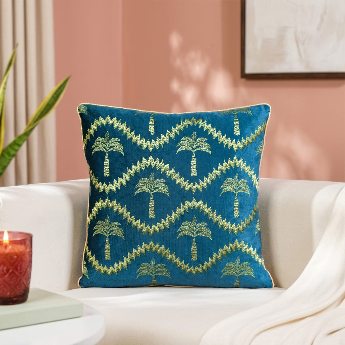 Golden Palms Embroidered Velvet Cushion Cover Teal 40x40cm