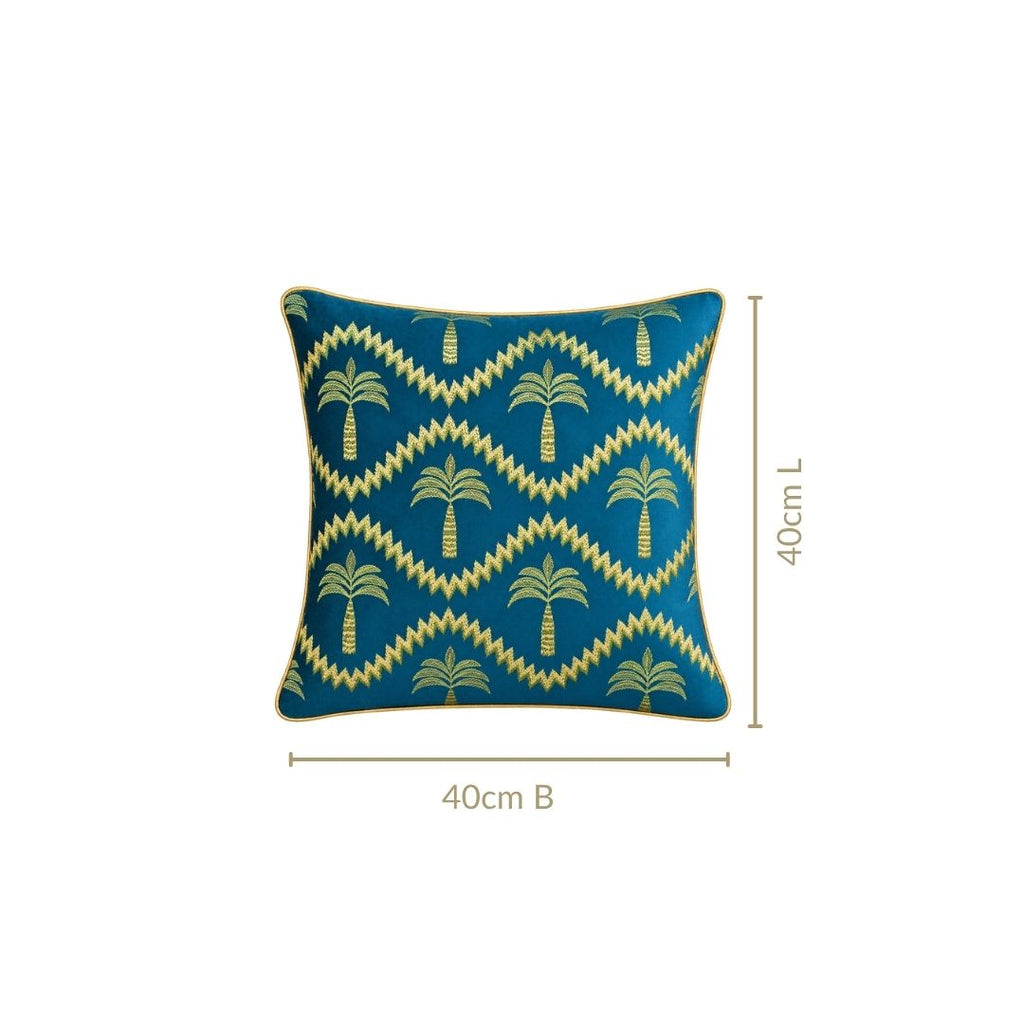 Golden Palms Embroidered Velvet Cushion Cover Teal 40x40cm