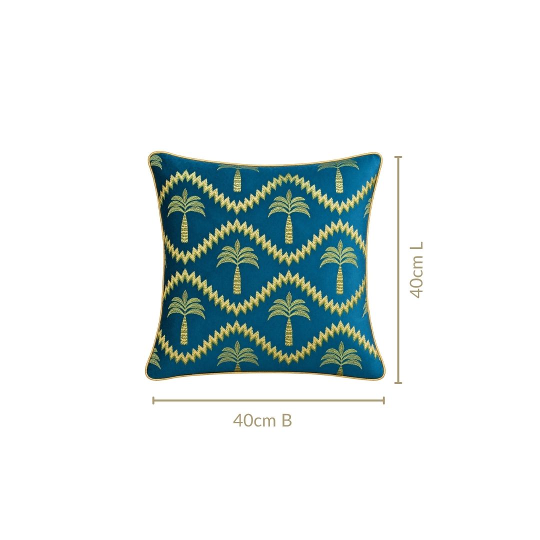 Golden Palms Embroidered Velvet Cushion Cover Teal 40x40cm