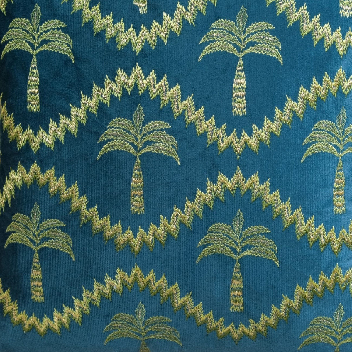 Golden Palms Embroidered Velvet Cushion Cover Teal 40x40cm