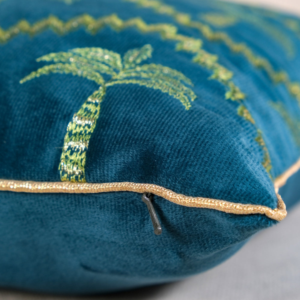 Golden Palms Embroidered Velvet Cushion Cover Teal 40x40cm