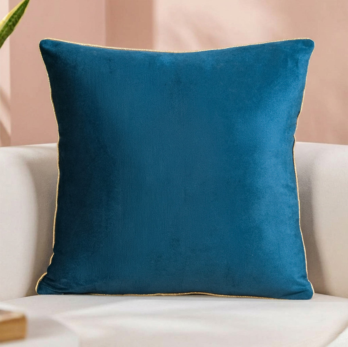 Golden Palms Embroidered Velvet Cushion Cover Teal 40x40cm