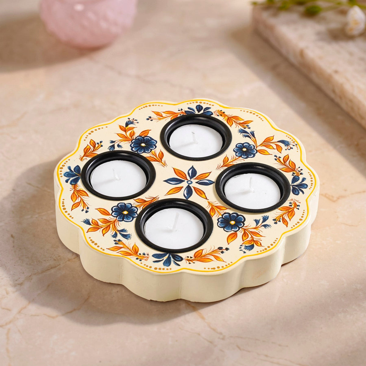 Handpainted Botanica Wooden Tealight Holder With Tealights