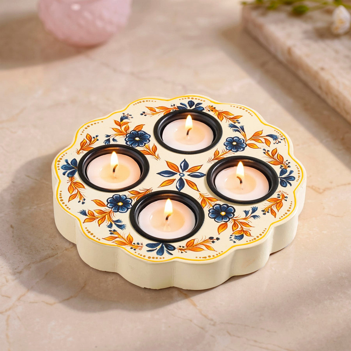 Handpainted Botanica Wooden Tealight Holder With Tealights