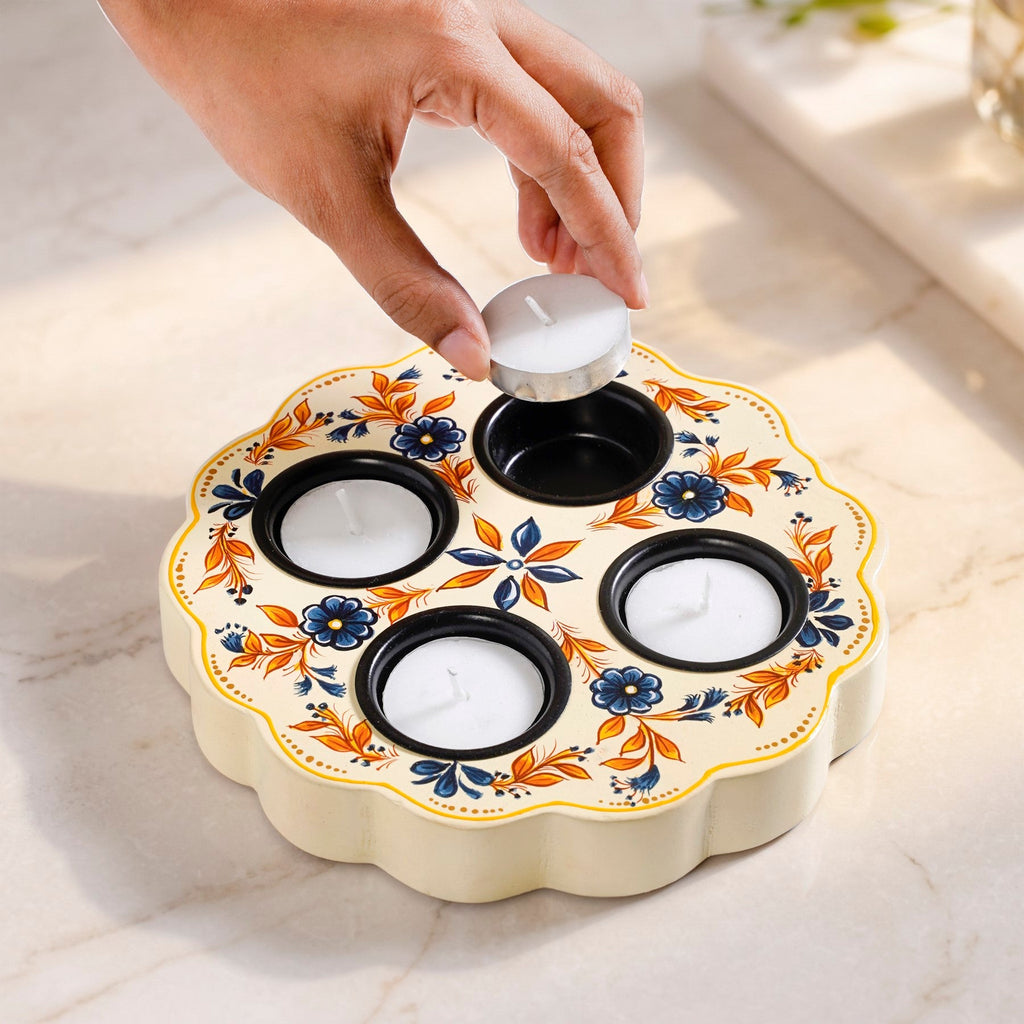 Handpainted Botanica Wooden Tealight Holder With Tealights