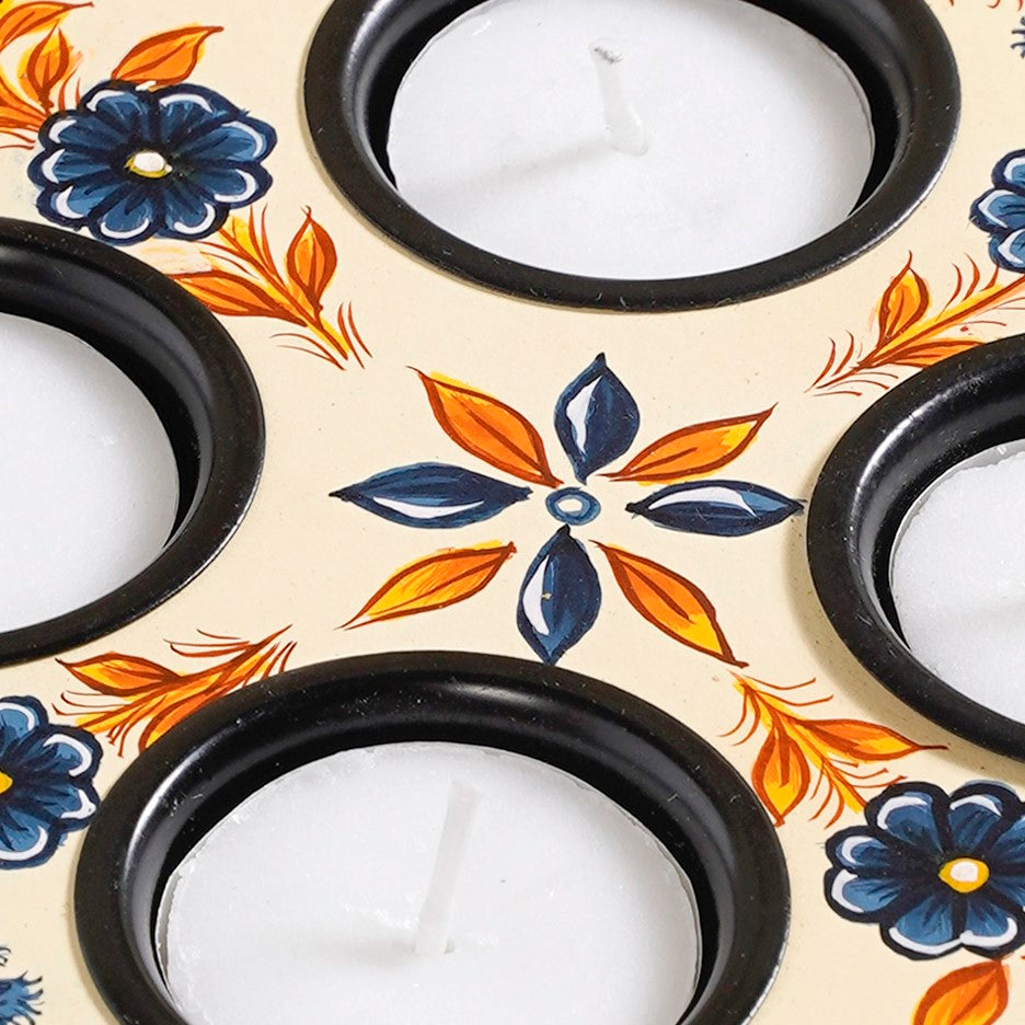 Handpainted Botanica Wooden Tealight Holder With Tealights