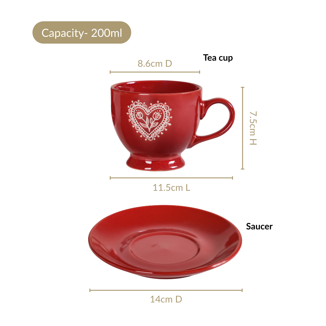 Hearty Ceramic Tea Cup And Saucer Set Of 2 Red 200ml