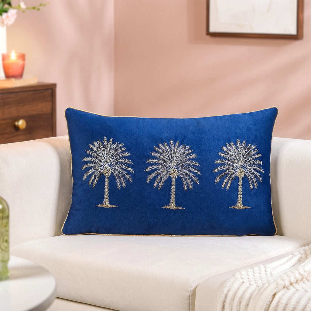 Midnight Palms Embroidered Velvet Cushion Cover 50x30cm