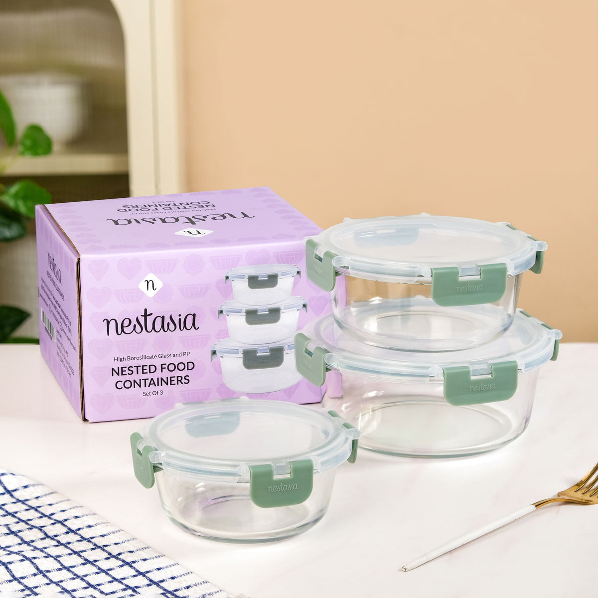 Nestro Pro Spill Proof Food Containers Set Of 3 Round Sage Green 400ml 600ml 950ml