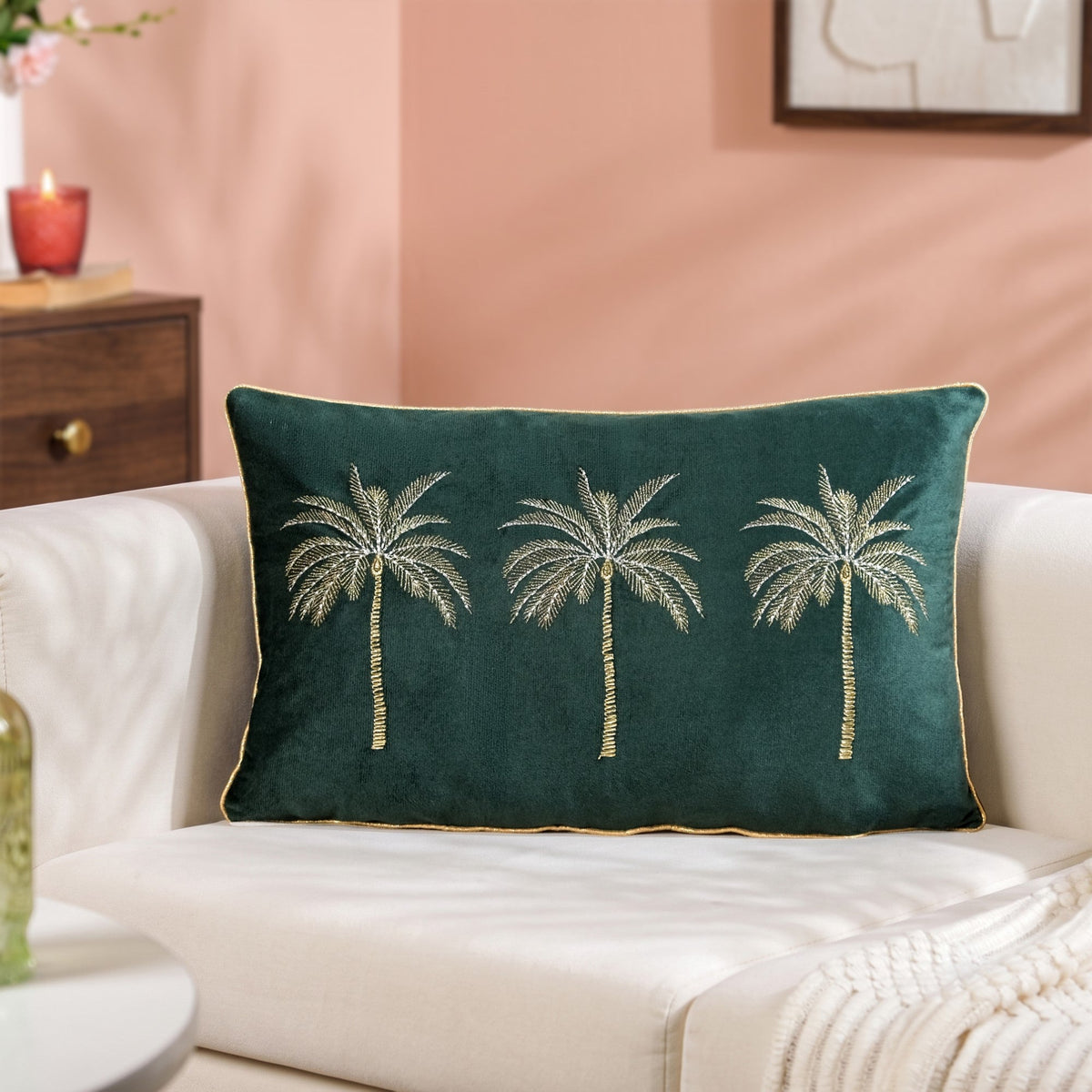 Emerald Palm Velvet Embroidered Cushion Cover 50x30cm
