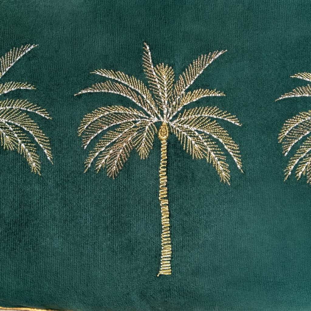 Emerald Palm Velvet Embroidered Cushion Cover 50x30cm
