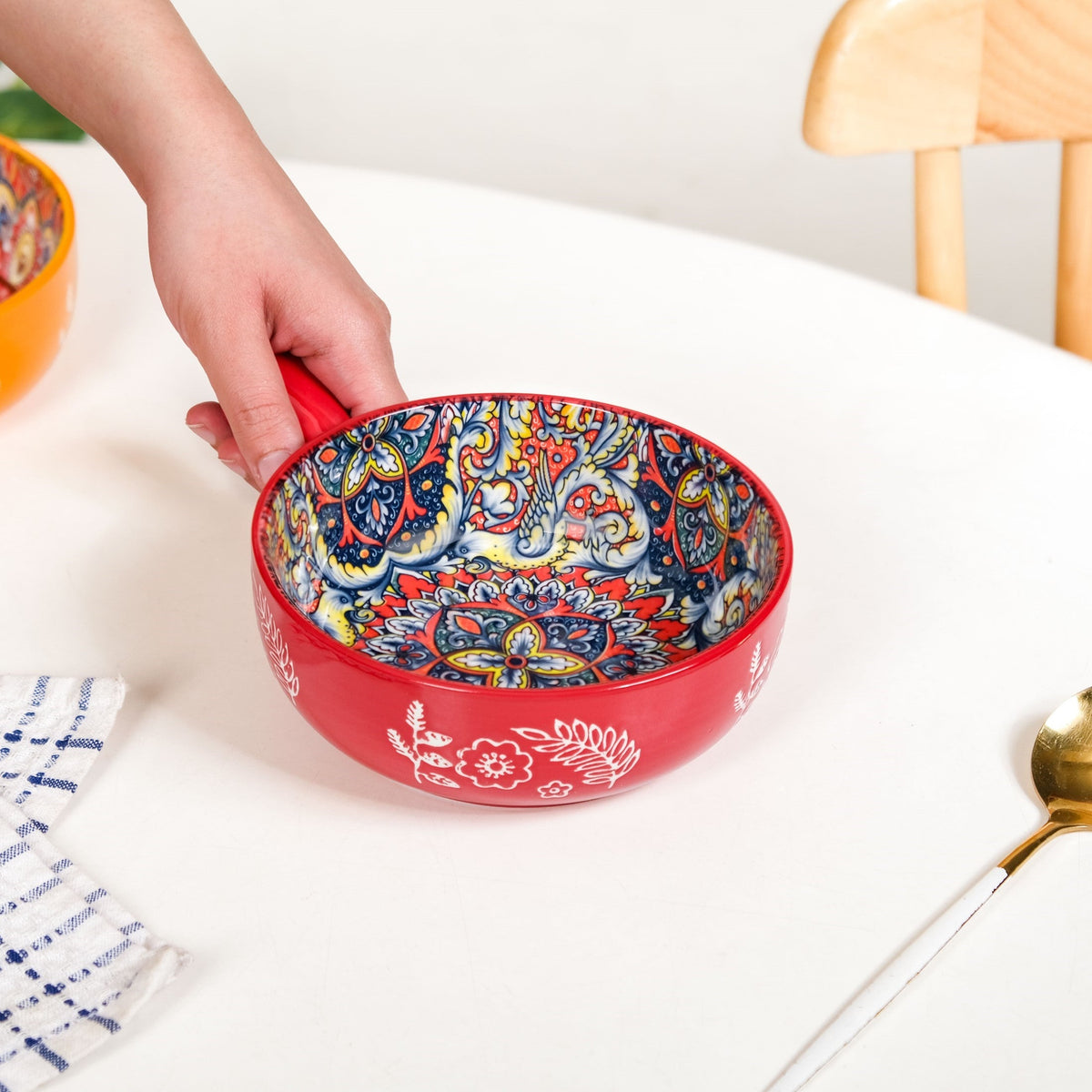 Red Mandala Melange Bowl With Handle 600ml
