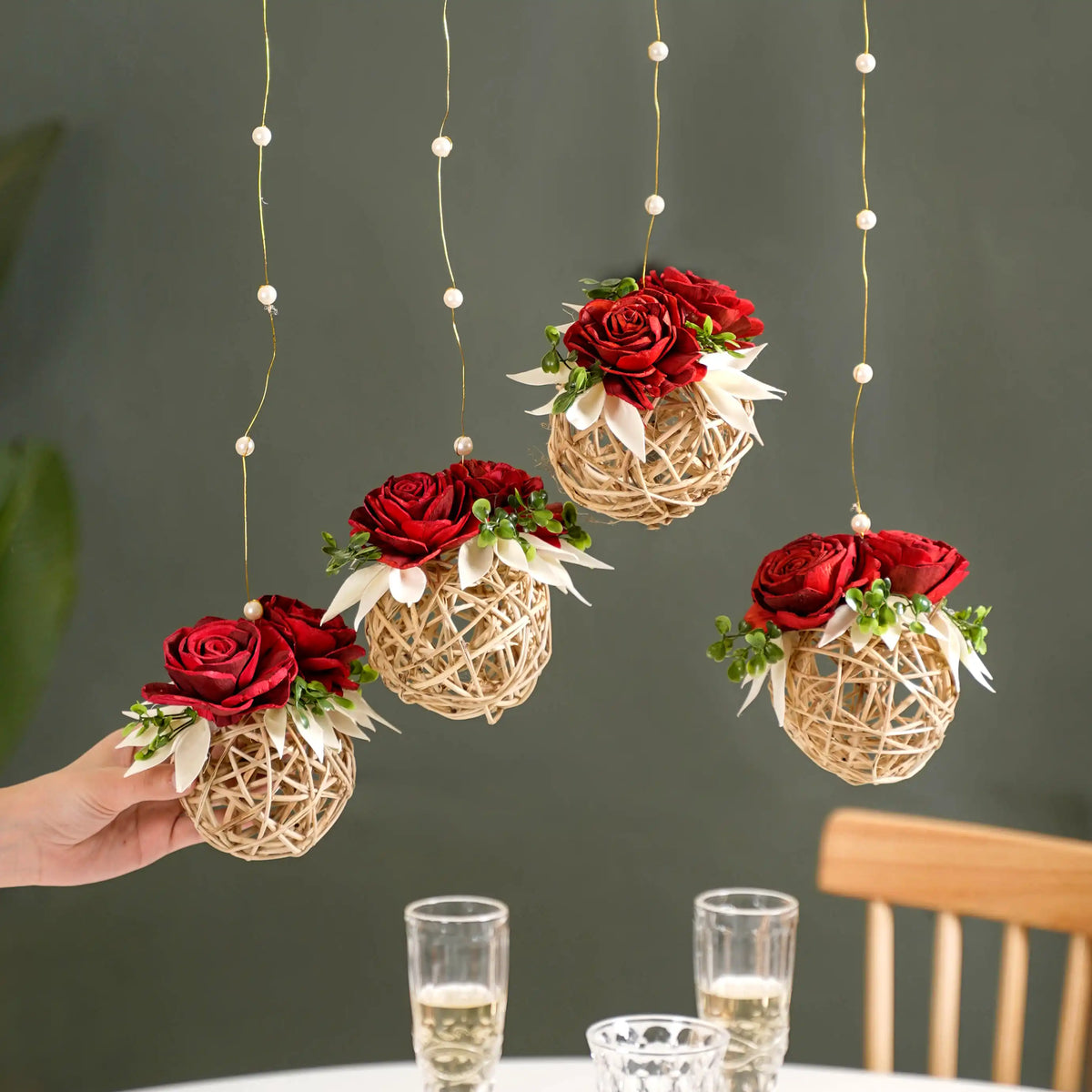 Natural Rose Rattan Hanging Decoration Sustainable Set Of 4