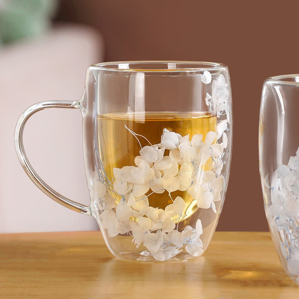 Set Of 2 Double Walled Flower Coffee Mug Blue 350ml