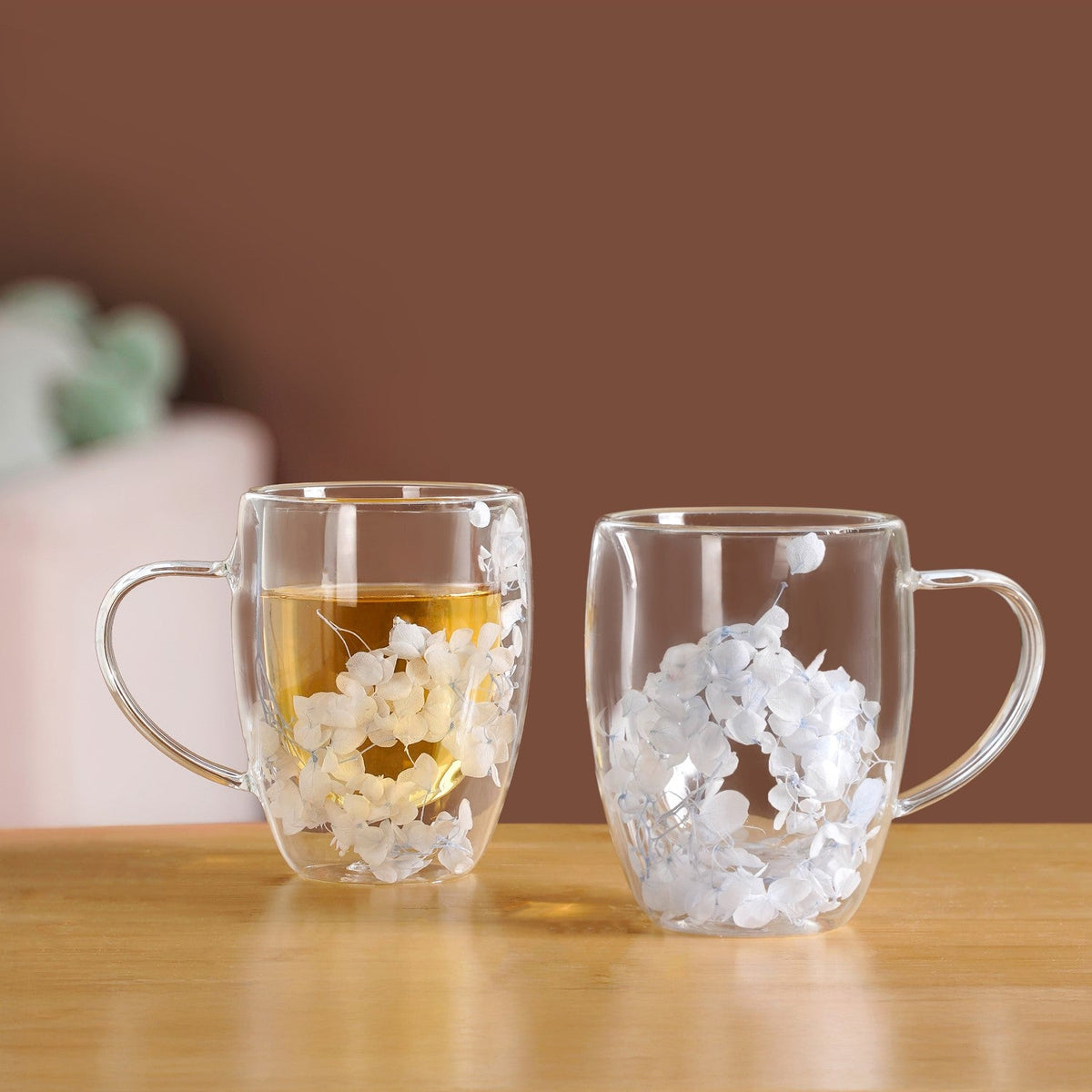 Set Of 2 Double Walled Flower Coffee Mug Blue 350ml