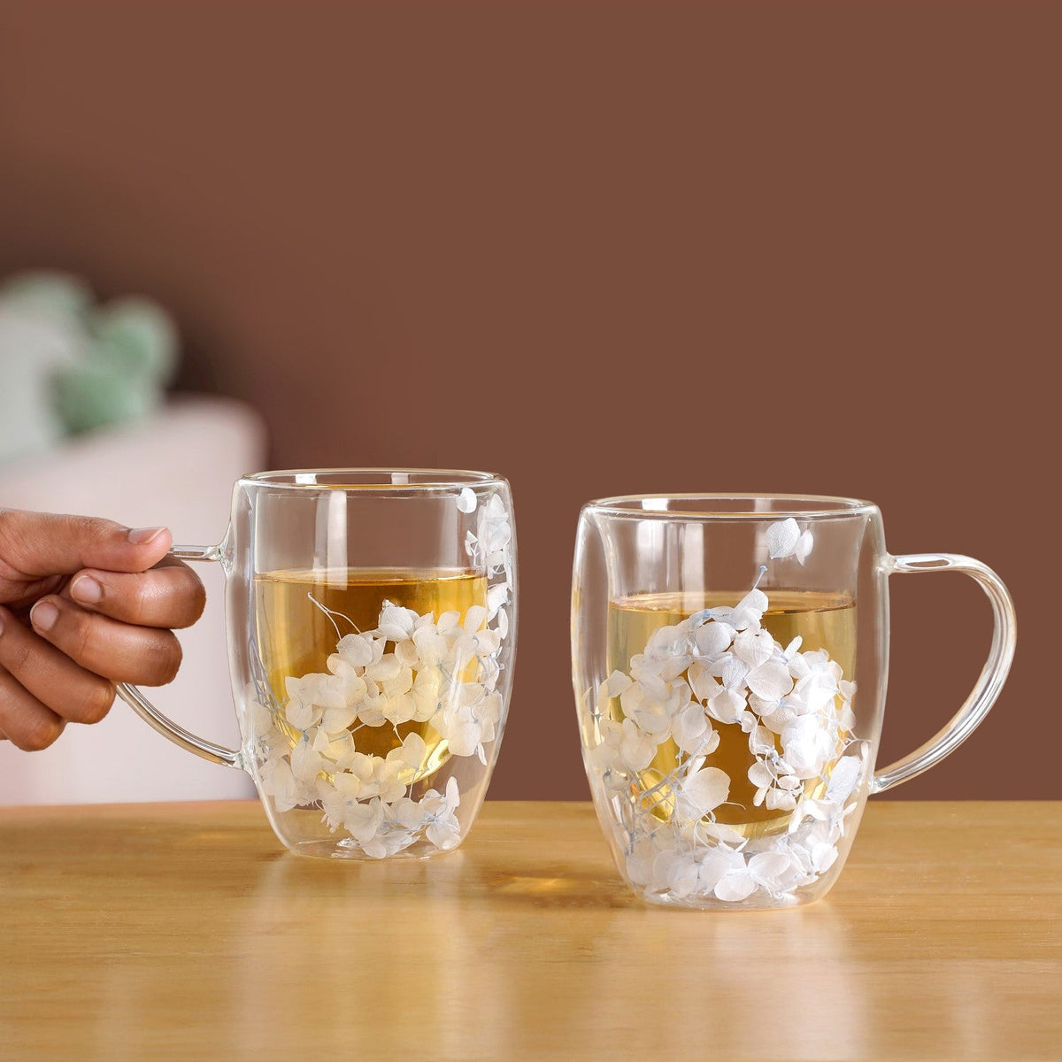 Set Of 2 Double Walled Flower Coffee Mug Blue 350ml