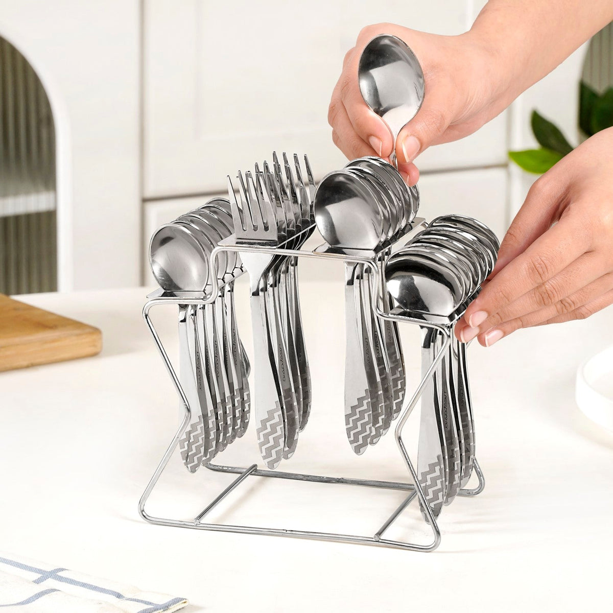 Etched Stainless Steel Cutlery With Stand Set Of 25