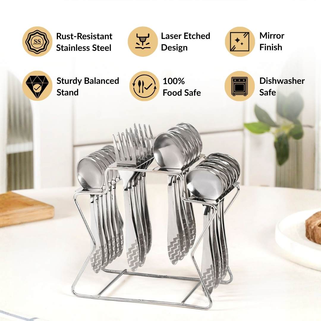 Etched Stainless Steel Cutlery With Stand Set Of 25