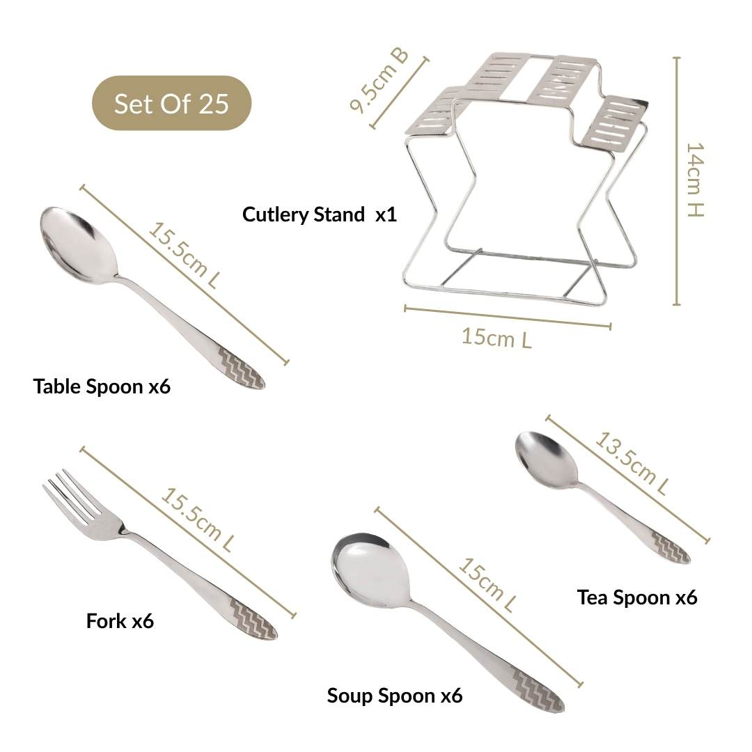 Etched Stainless Steel Cutlery With Stand Set Of 25