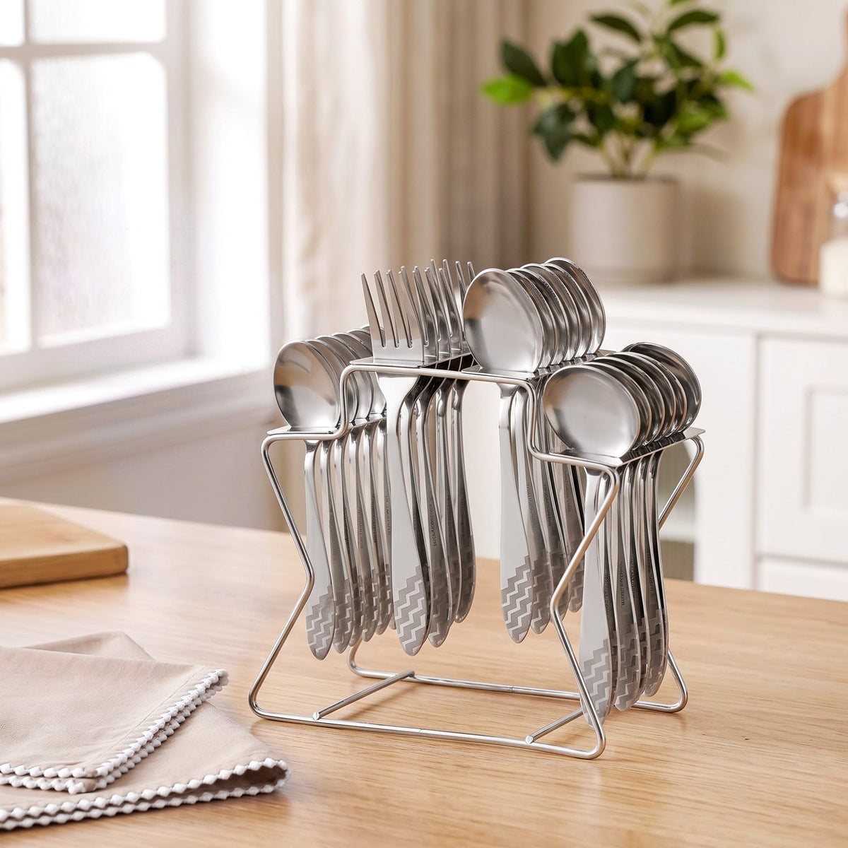 Etched Stainless Steel Cutlery With Stand Set Of 25