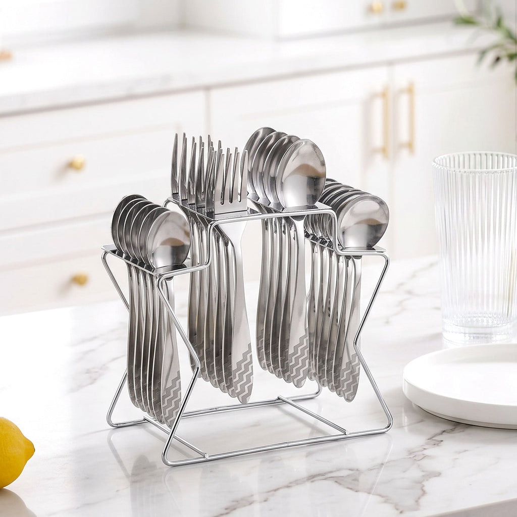 Etched Stainless Steel Cutlery With Stand Set Of 25