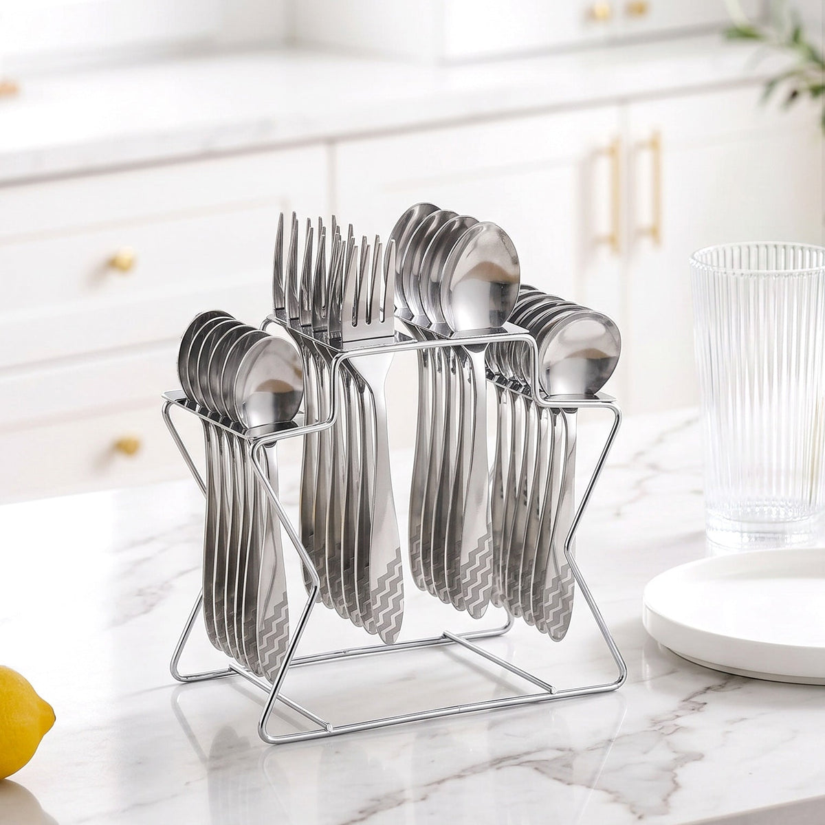 Etched Stainless Steel Cutlery With Stand Set Of 25