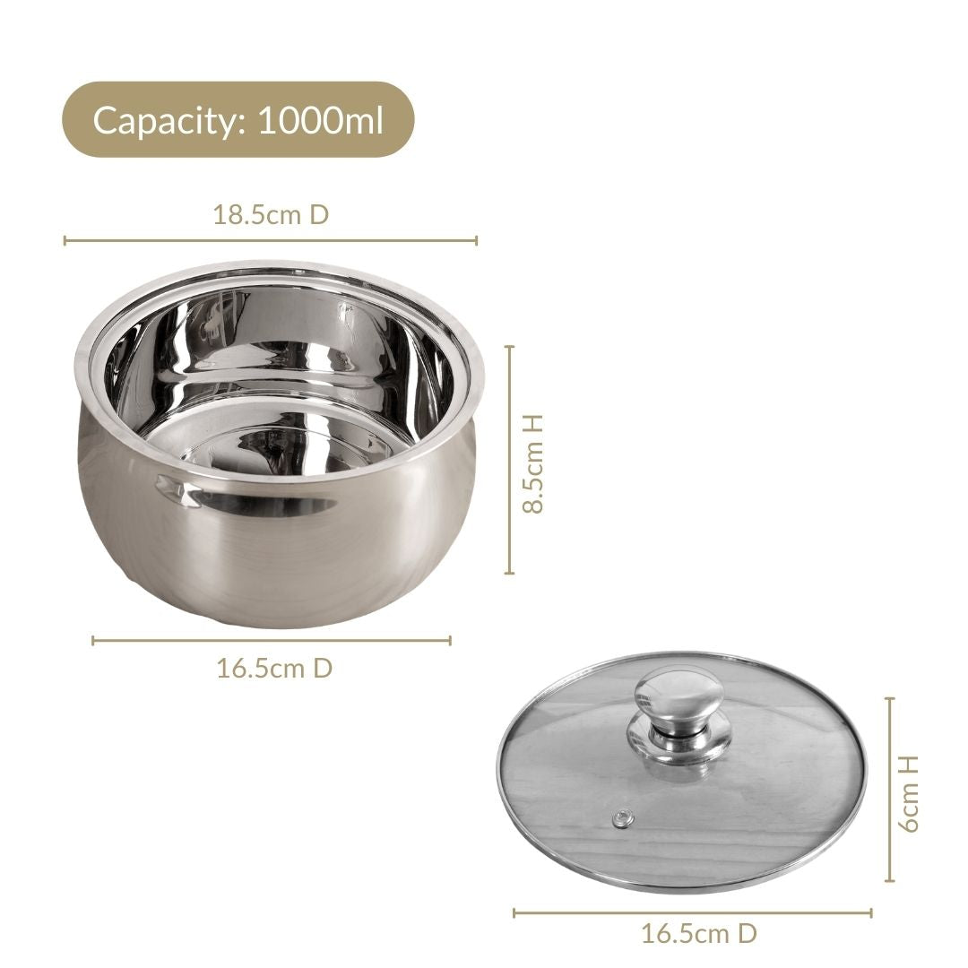 Stainless Steel Double Walled Casserole With Glass Lid 1000ml
