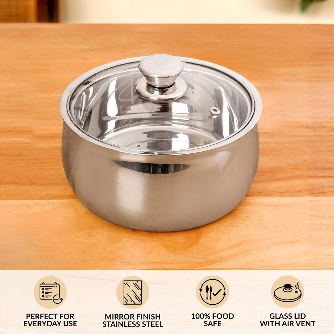 Stainless Steel Double Walled Casserole With Glass Lid 1000ml