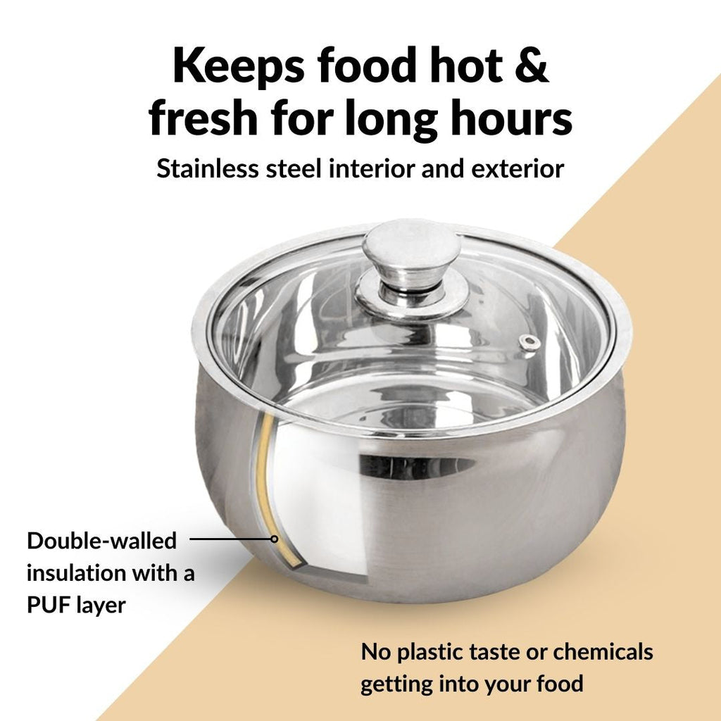 Stainless Steel Double Walled Casserole With Glass Lid 1000ml