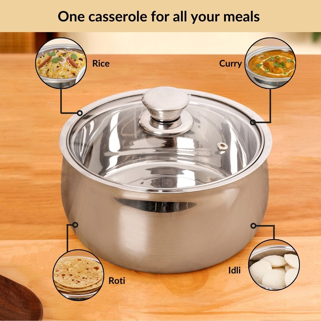 Stainless Steel Double Walled Casserole With Glass Lid 1000ml