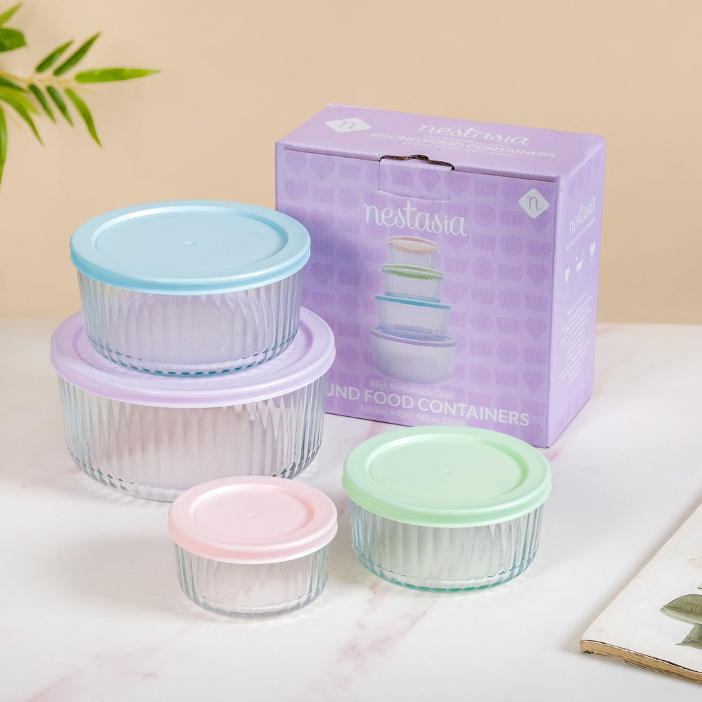 Set Of 4 Round Fluted Glass Food Storage Container With Lid S 230ml M 460ml L 950ml XL 1650ml