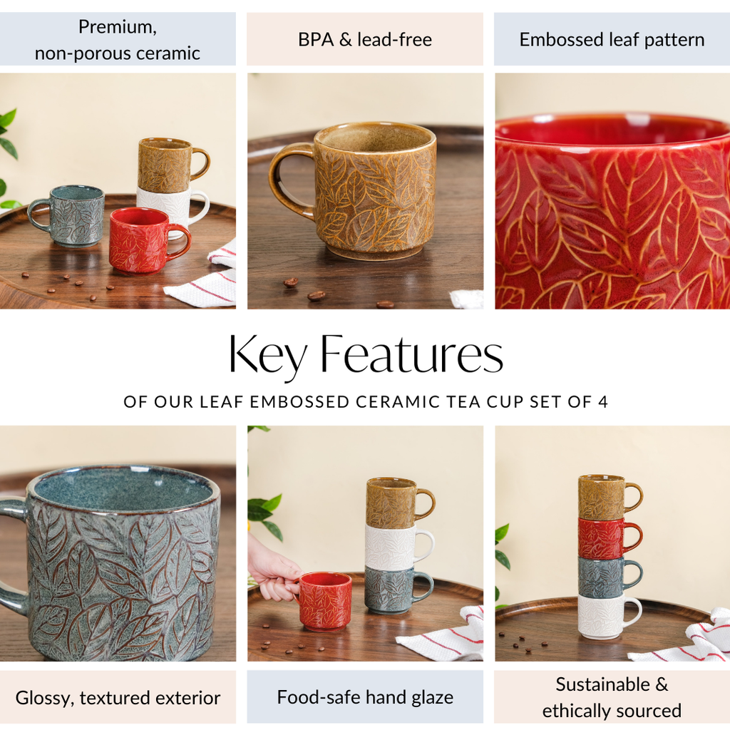 Sienna Leaf Embossed Ceramic Tea Cup Set Of 4 250ml