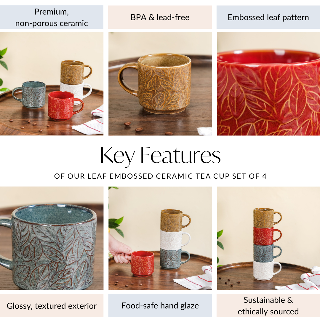 Sienna Leaf Embossed Ceramic Tea Cup Set Of 4 250ml