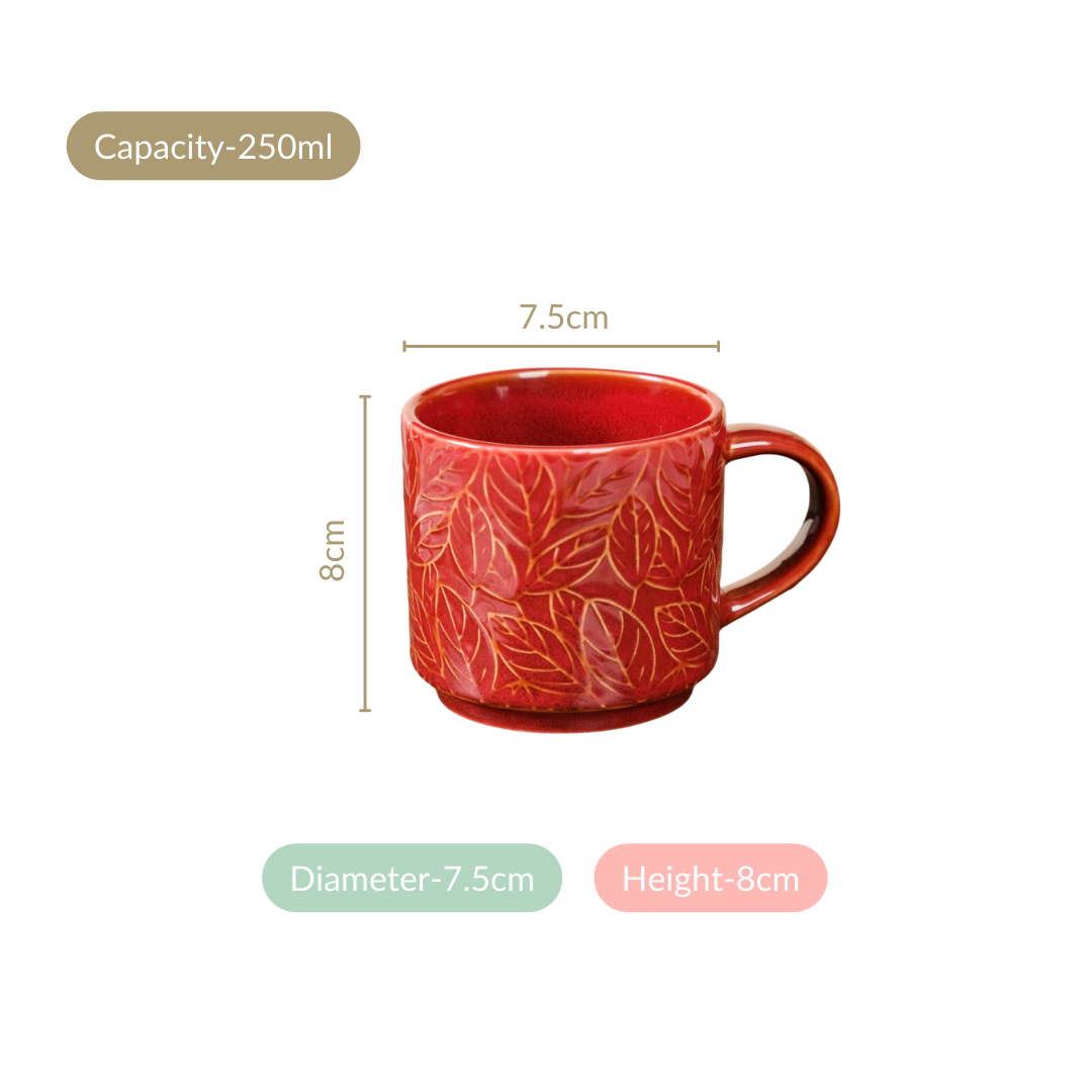 Sienna Leaf Embossed Ceramic Tea Cup Set Of 4 250ml