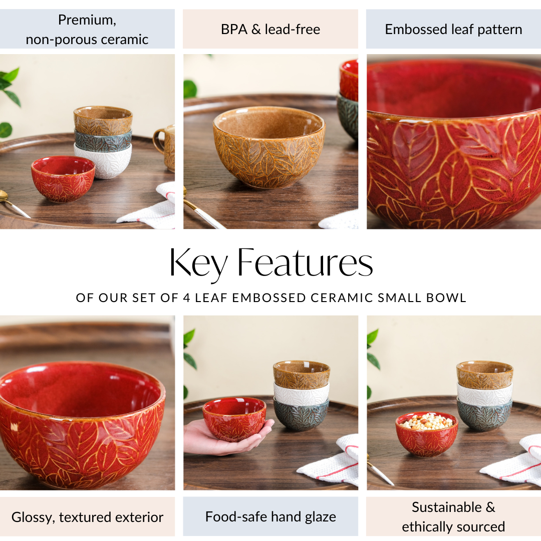 Sienna Set Of 4 Leaf Embossed Ceramic Small Bowl 250ml