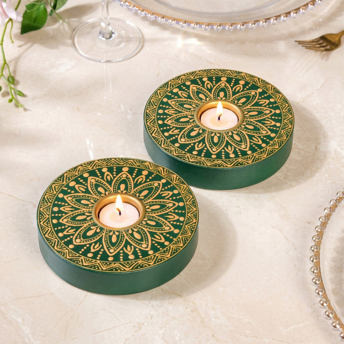 Verdant Mandala Handpainted Tealight Holder Set Of 2
