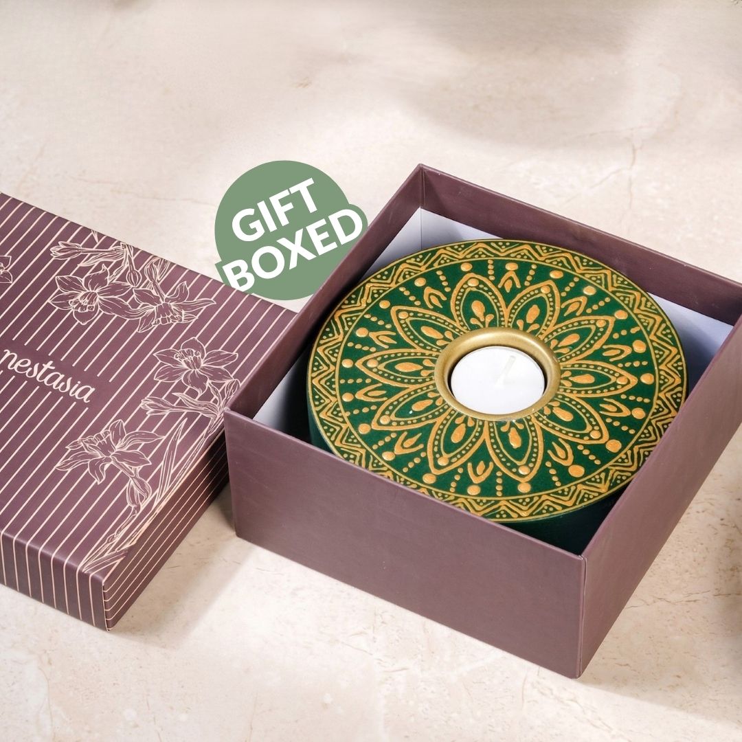 Verdant Mandala Handpainted Tealight Holder Set Of 2