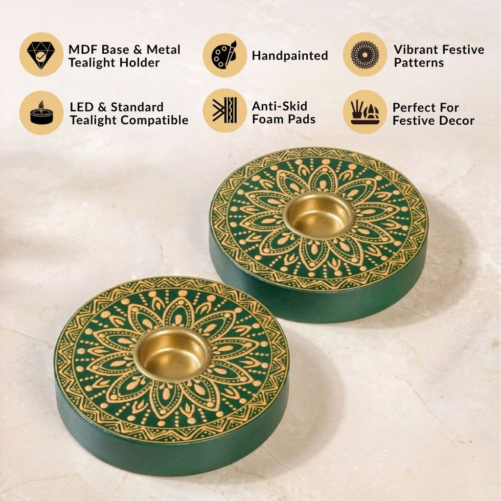 Verdant Mandala Handpainted Tealight Holder Set Of 2