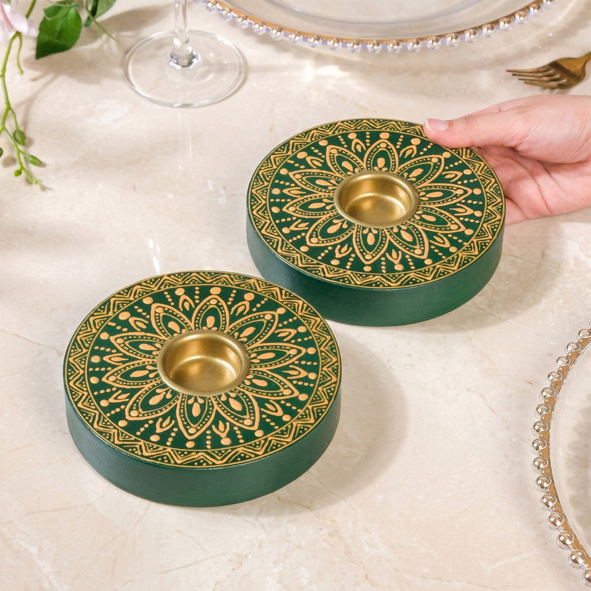 Verdant Mandala Handpainted Tealight Holder Set Of 2