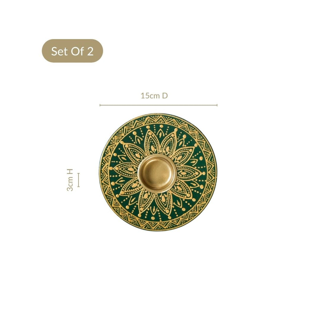 Verdant Mandala Handpainted Tealight Holder Set Of 2