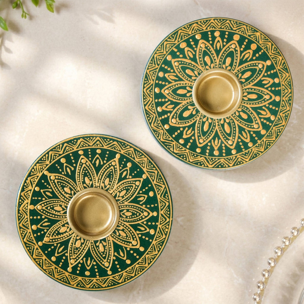 Verdant Mandala Handpainted Tealight Holder Set Of 2