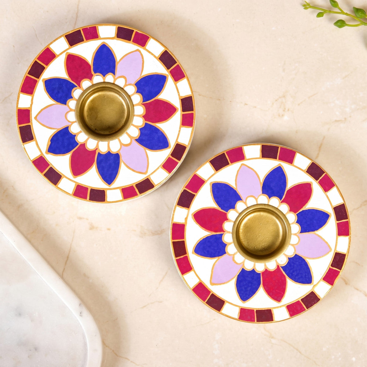 Wooden Rangoli Tealight Holder With Tealights Set Of 2
